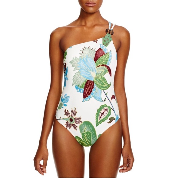 Tory Burch Wisteria One Shoulder Swimsuit One Piece Shelf Bra UPF Stretch Sz L - Picture 1 of 15